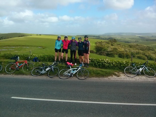 Cathy and I with our friends cat, Laura and Polly cycling to Brighton last year